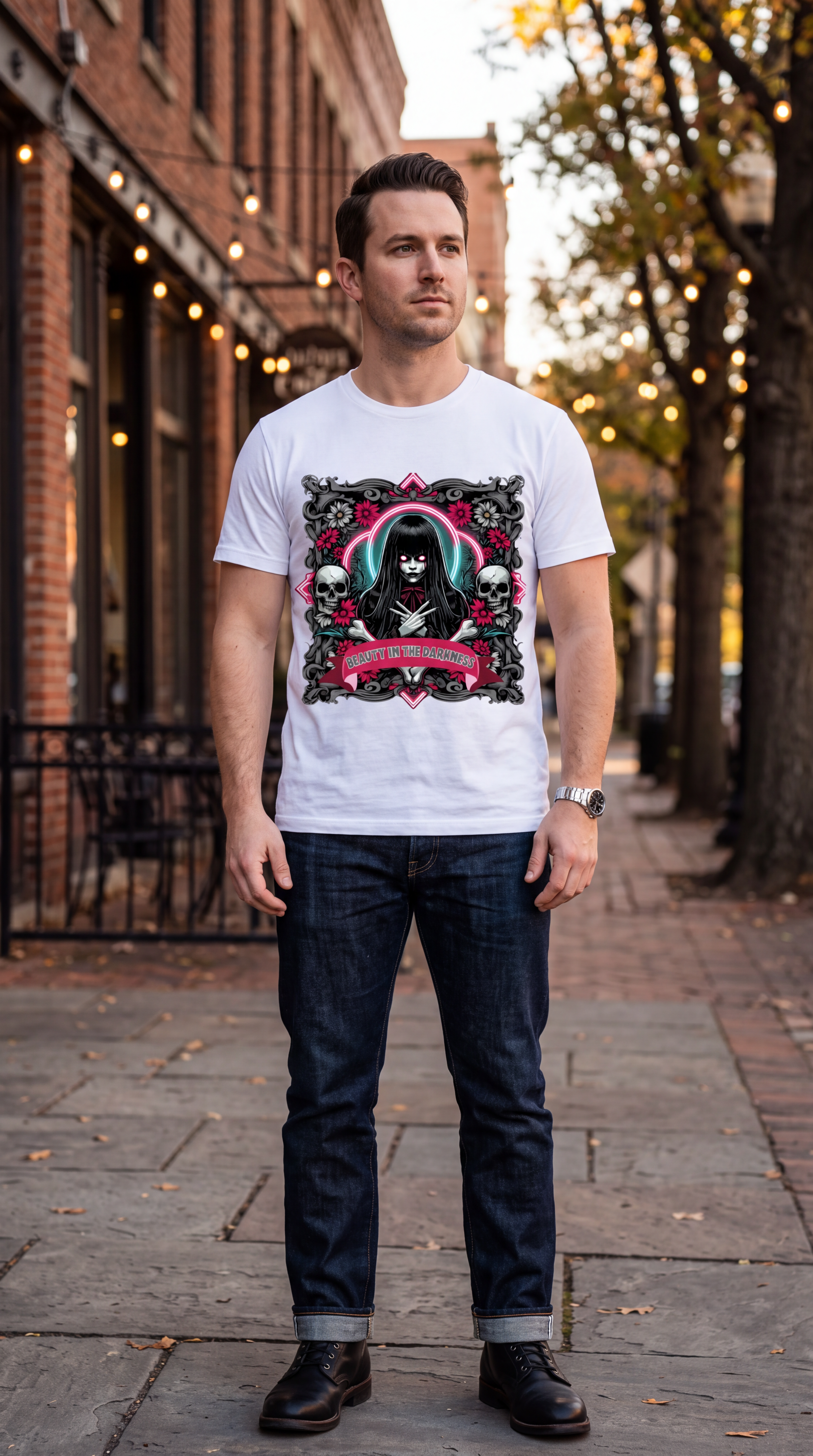 A man stands on a city sidewalk wearing a white graphic T-shirt with a dark gothic-style illustration featuring a hooded figure and pink accents, paired with dark blue jeans and black shoes.