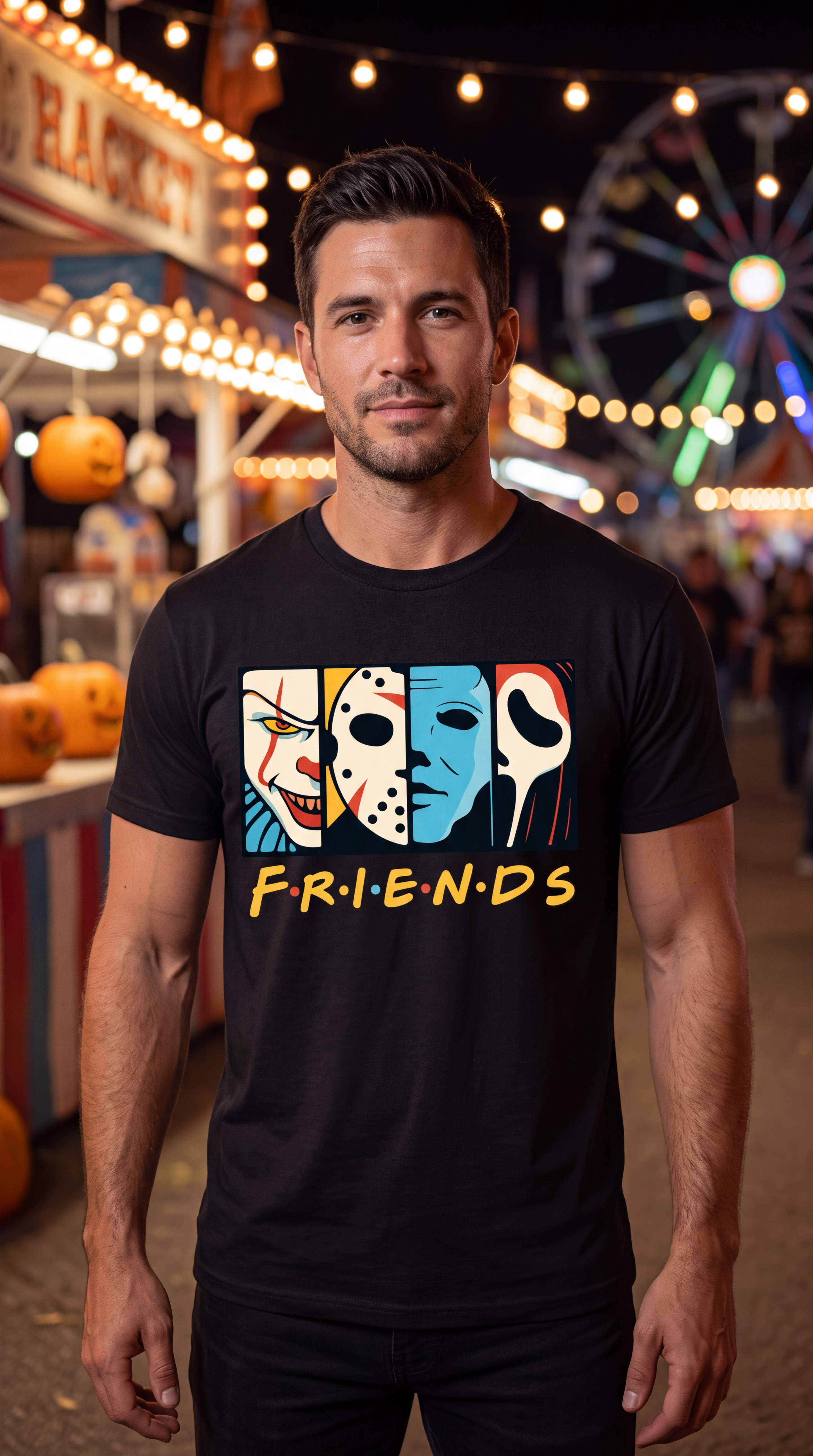 A man stands outdoors in a pumpkin patch wearing a black graphic T-shirt with a black illustration of a witch, bat, and pumpkin, with the text 'vibing with my Demons'.