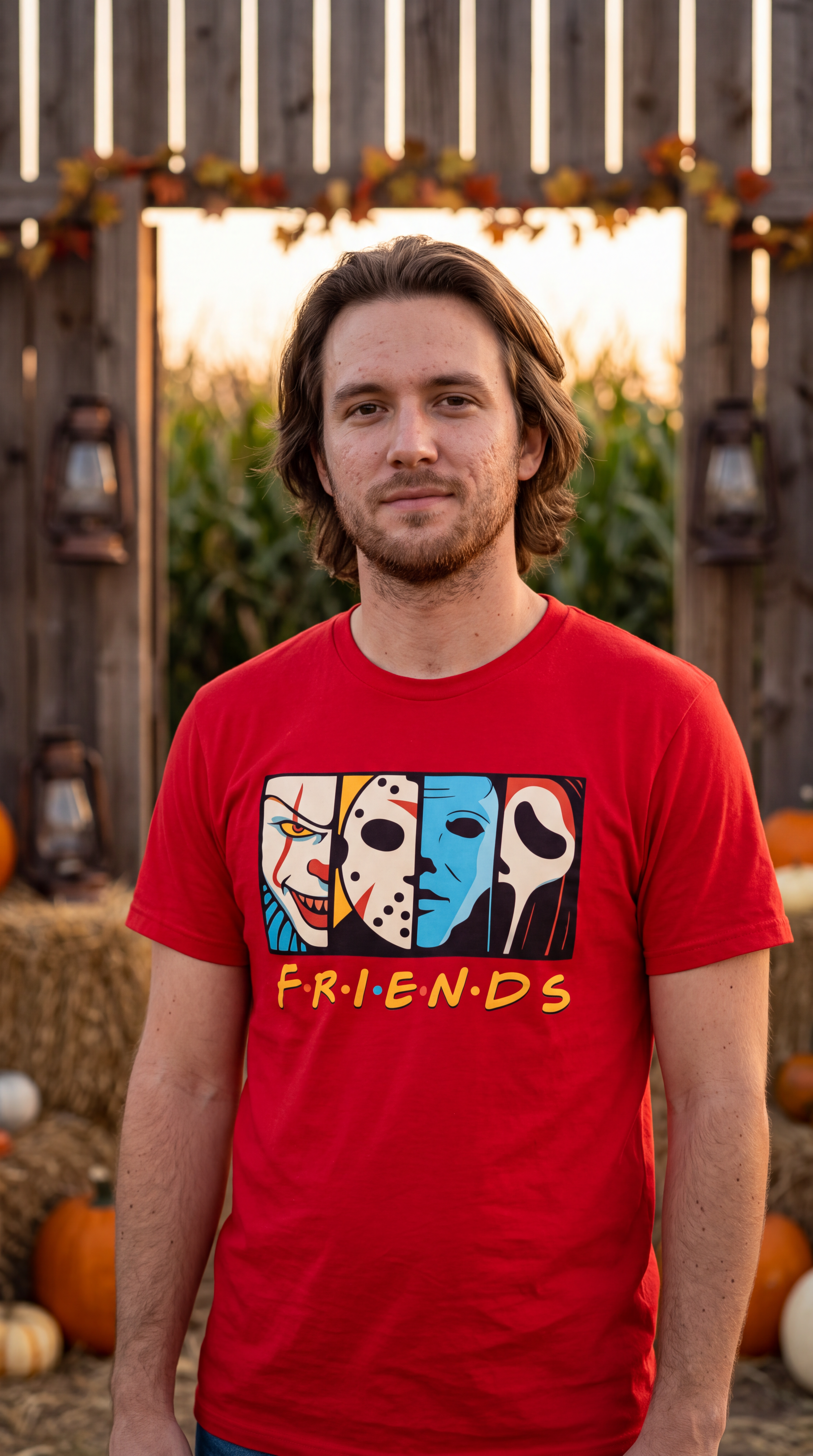 A man stands outdoors in a pumpkin patch wearing a red graphic T-shirt with a black illustration of a witch, bat, and pumpkin, with the text 'vibing with my Demons'.