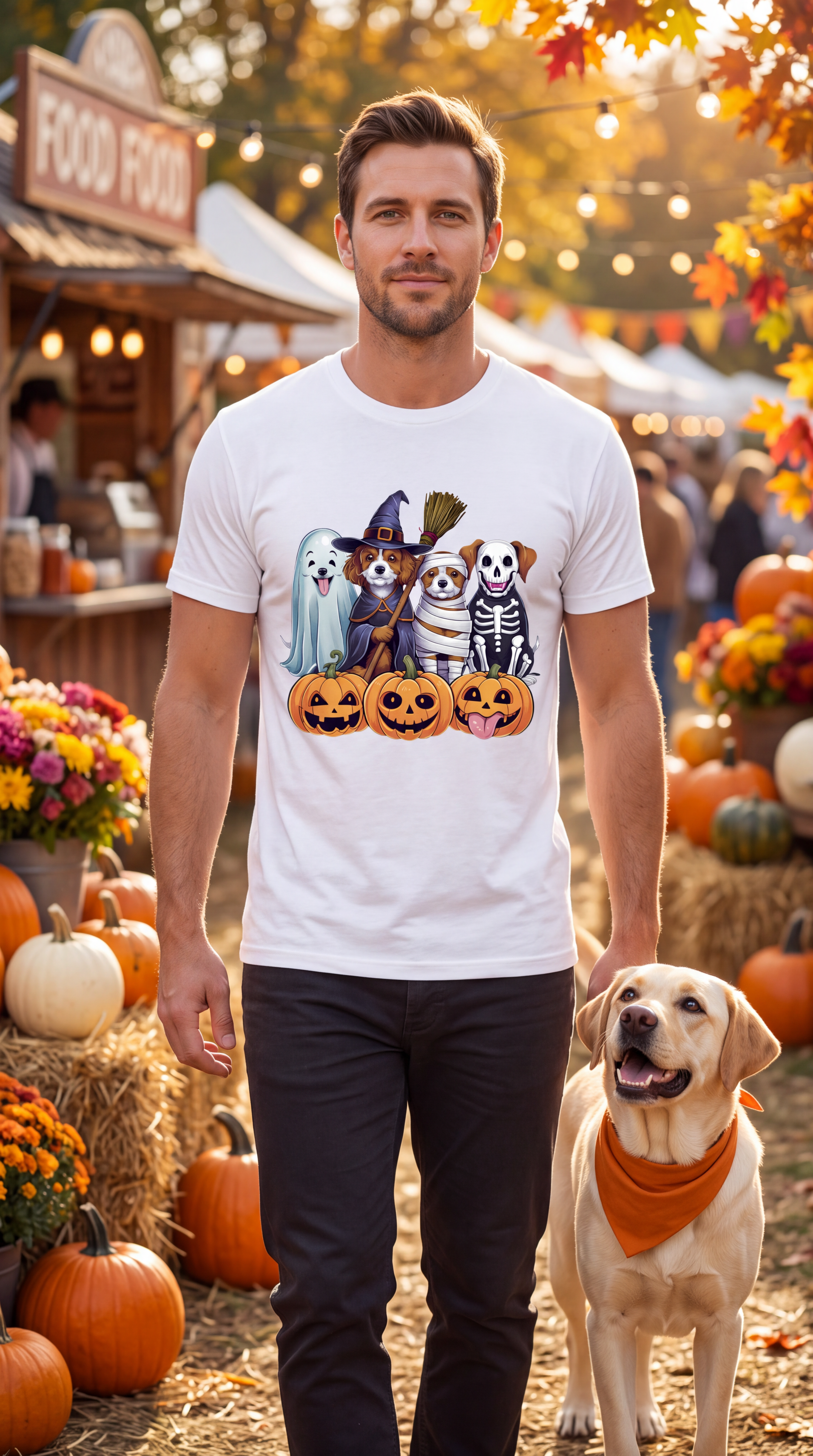 A man stands outdoors in a pumpkin patch with a golden retriever dog, wearing a white graphic T-shirt. The shirt features cartoon animals dressed as ghosts and pumpkins.