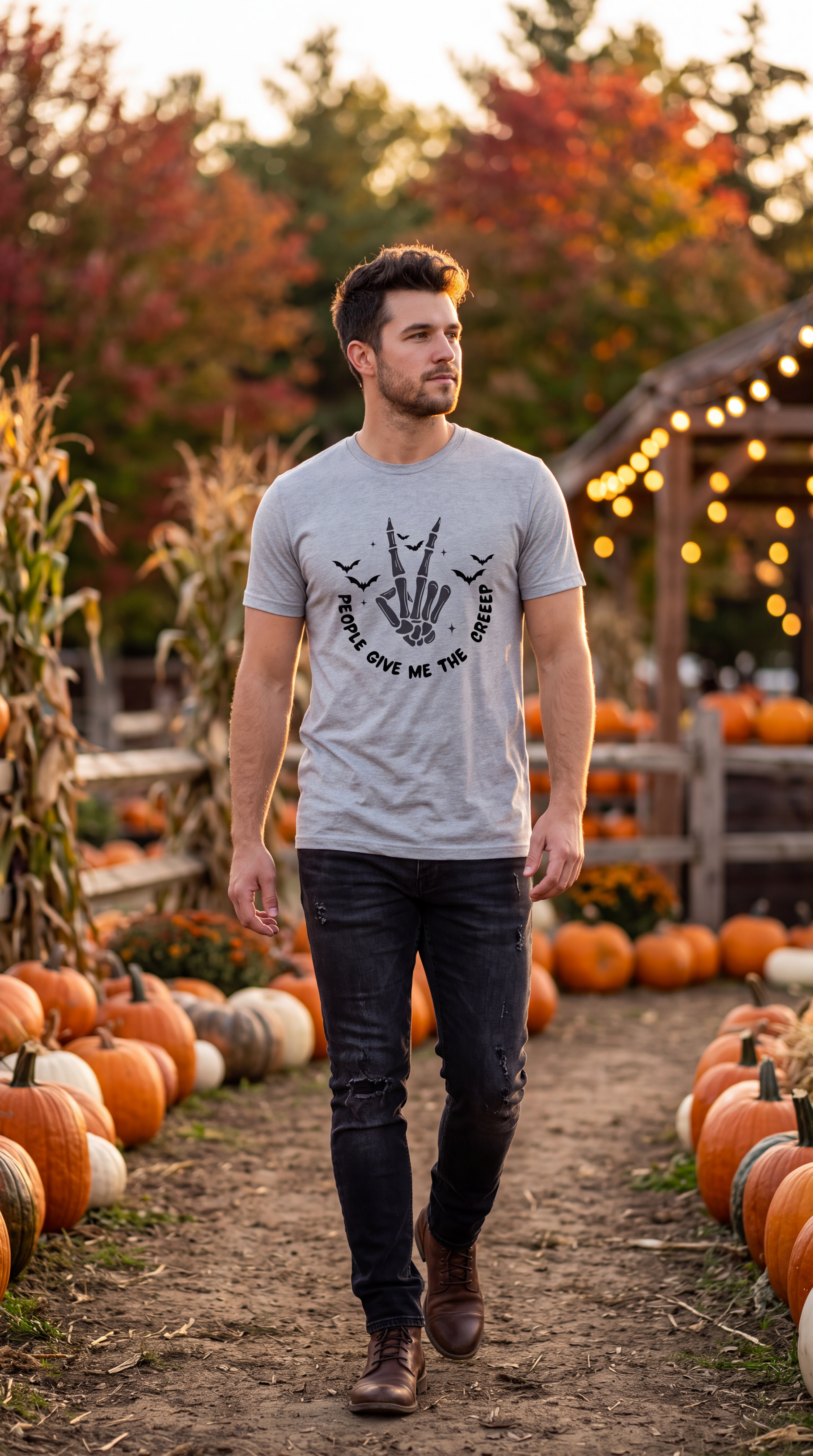 A man walking through a pumpkin patch wearing a light gray t-shirt with a black graphic of a skeleton hand holding a phone and the text 'WHEN IT RAINS, GIVE ME THE RAIN'.