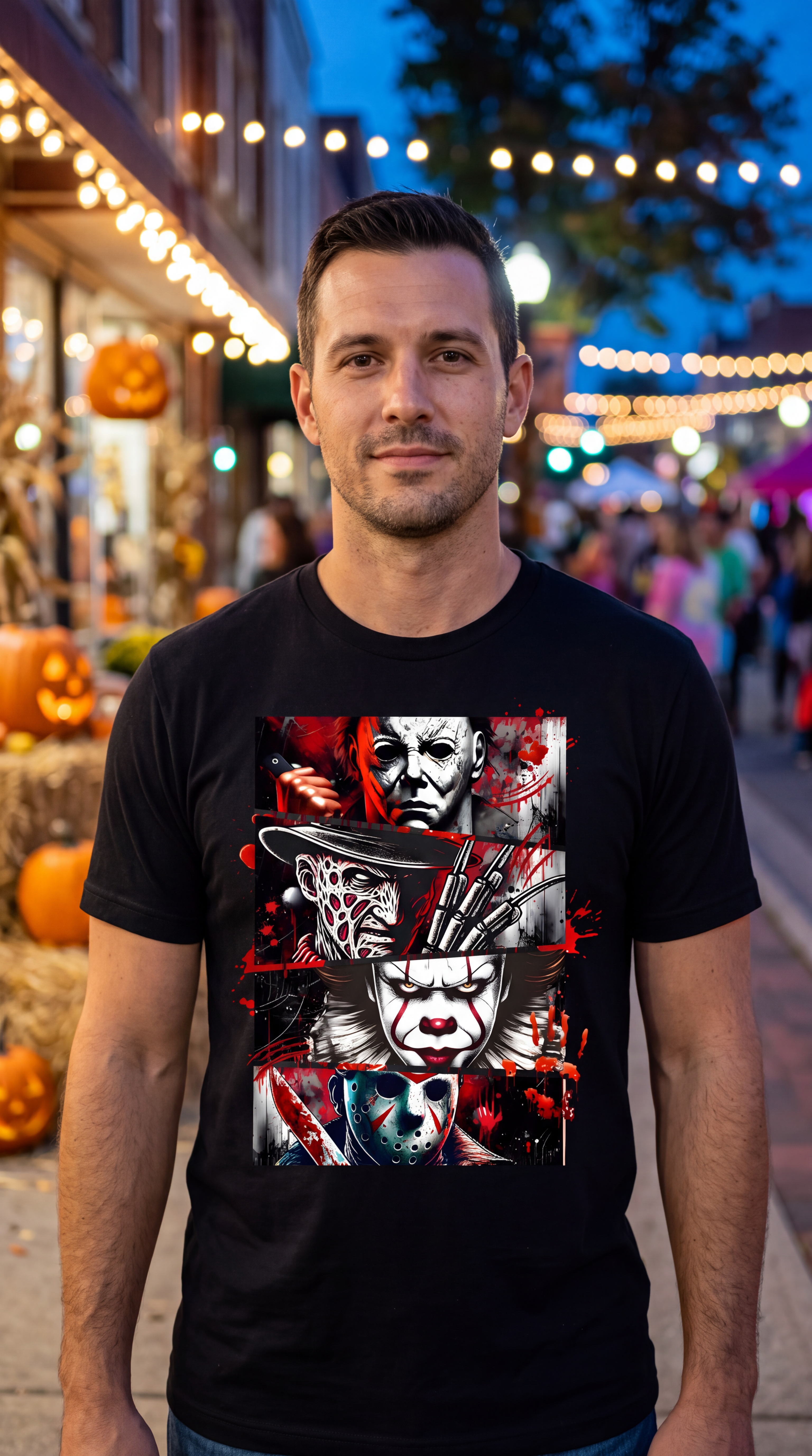 A man wearing a black graphic t-shirt featuring a collage of horror movie villains, standing in a Halloween-themed street at dusk.