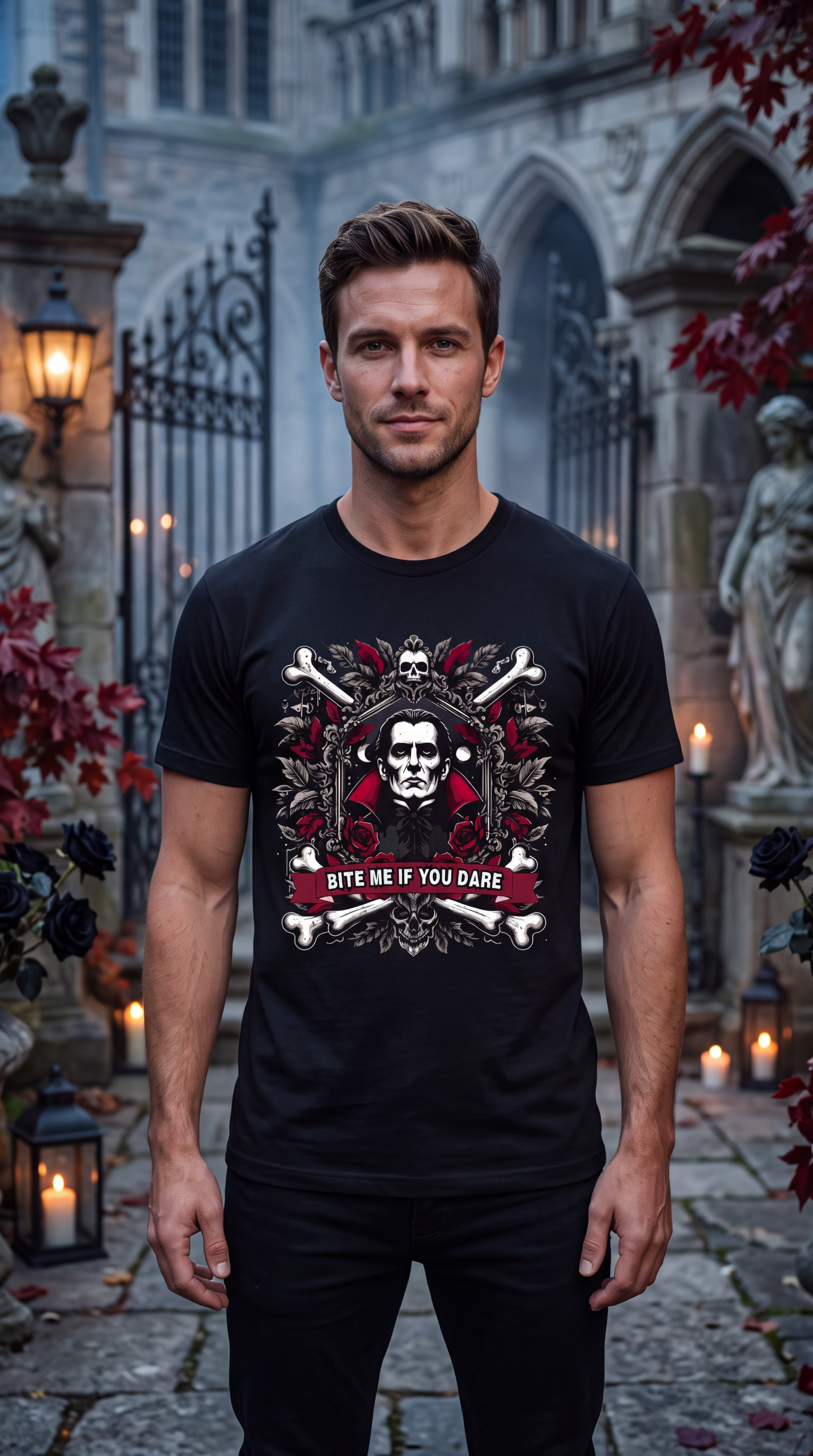 A man wearing a black short-sleeve crewneck t-shirt featuring a detailed graphic print of a vampire portrait framed by bones, roses, and a banner that reads 'BITE ME IF YOU DARE'.