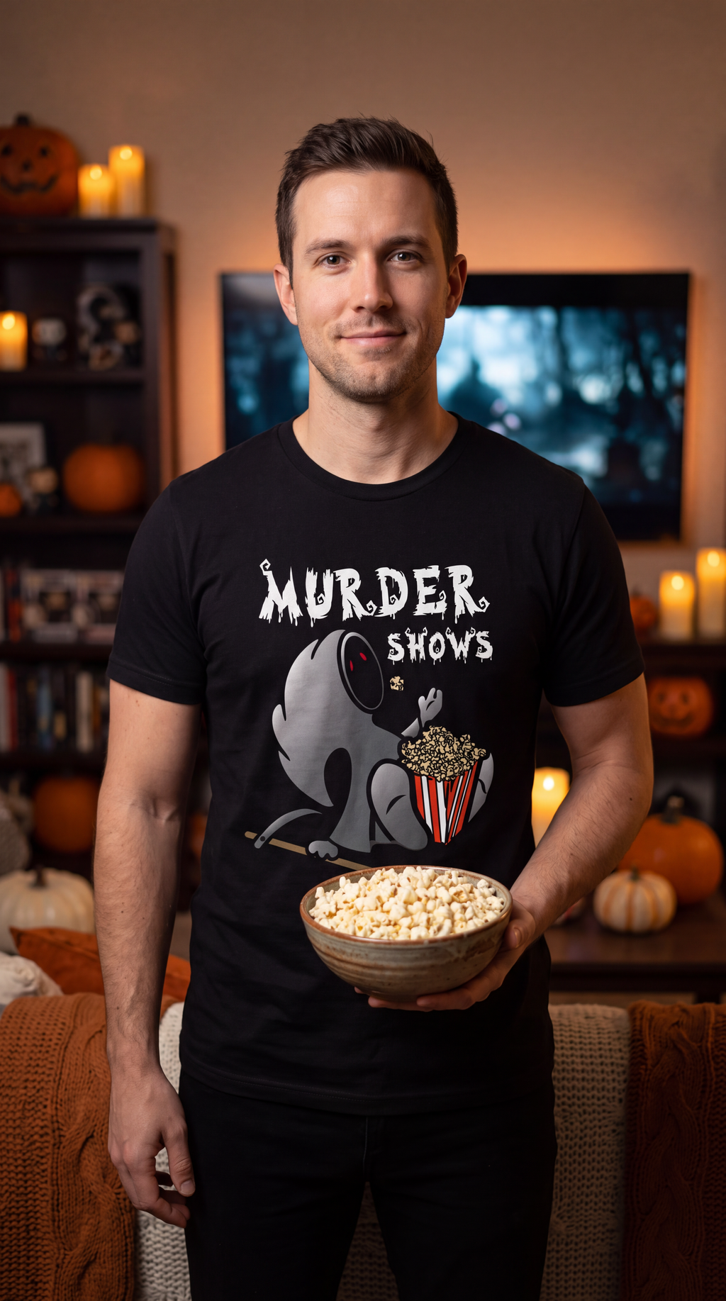 A man wearing a black short-sleeve crewneck t-shirt featuring a graphic of a cartoon gray creature holding a popcorn bucket with red and white stripes, under the text 'MURDER SHOWS' in a dripping white font.