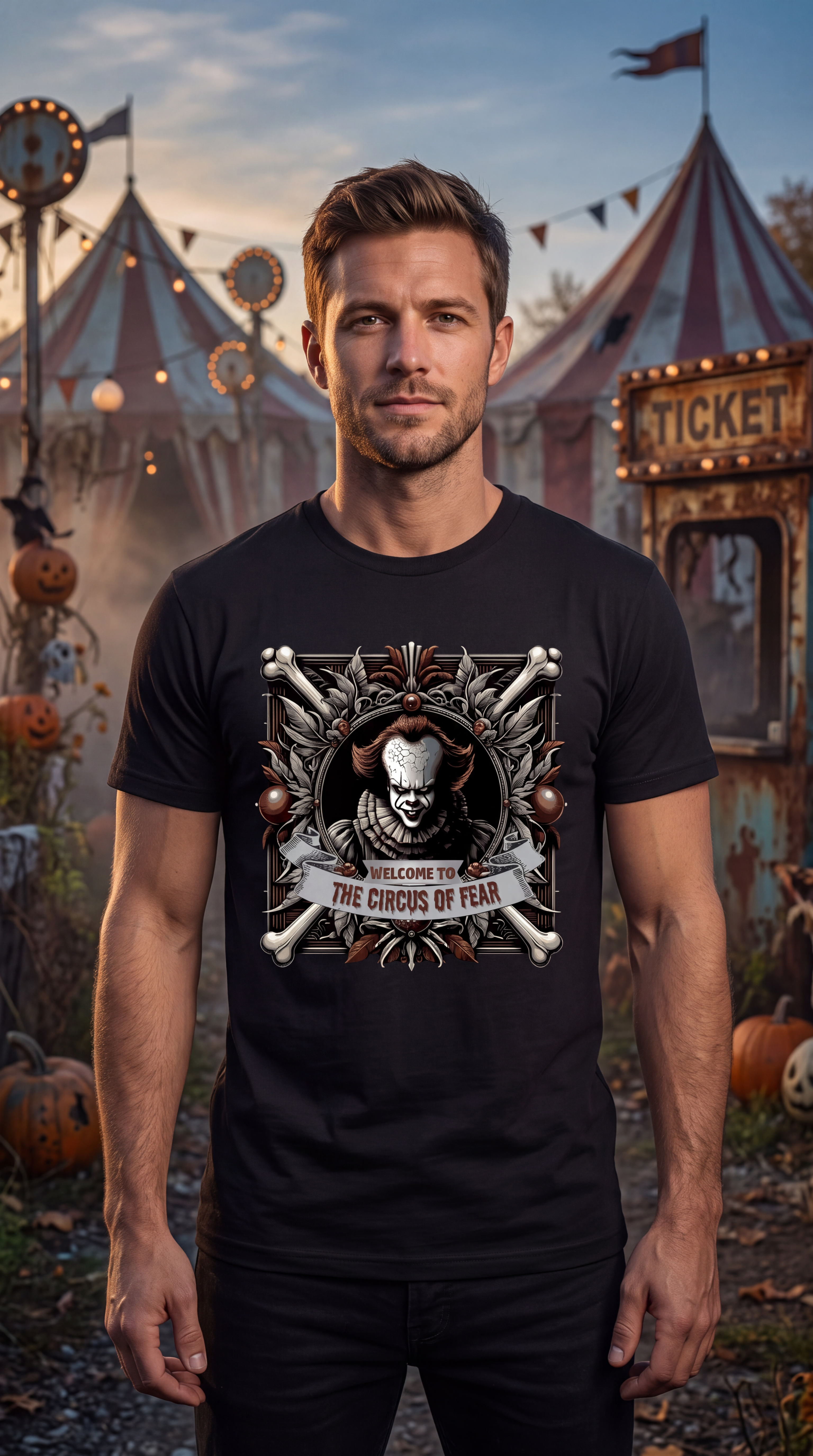 A man wearing a black short-sleeve crewneck t-shirt featuring a large graphic print of Pennywise the Clown from IT. The graphic shows Pennywise framed by crossed bones, with a banner reading 'WELCOME TO THE CIRCUS OF FEAR'.