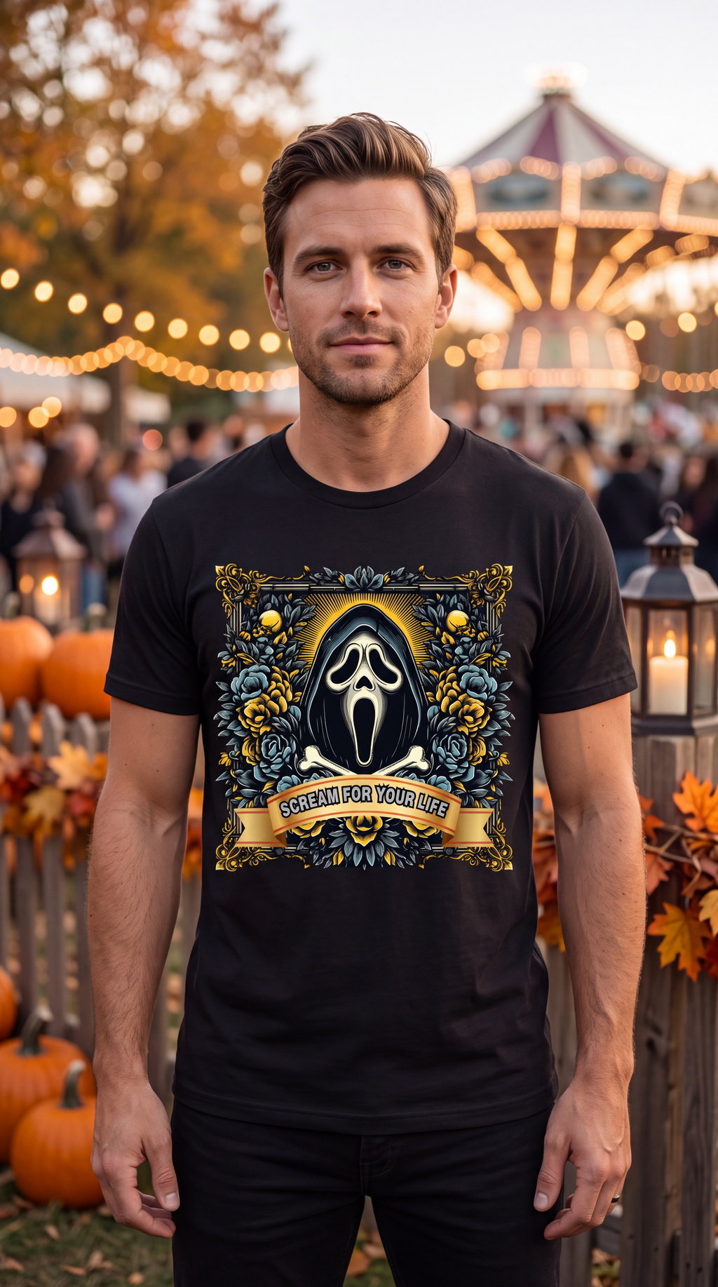 A man wearing a black short-sleeve crewneck t-shirt featuring a large graphic print of the Ghostface mask surrounded by blue and gold roses, with a banner reading 'SCREAM FOR YOUR LIFE'.