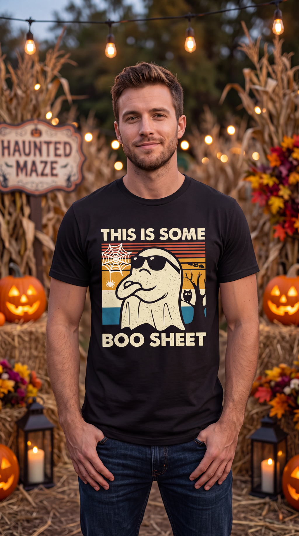 A man wearing a black short-sleeve crewneck t-shirt featuring a retro-style graphic of a ghost wearing sunglasses with the text 'THIS IS SOME BOO SHEET' on the front, displayed on a pumpkin patch background.