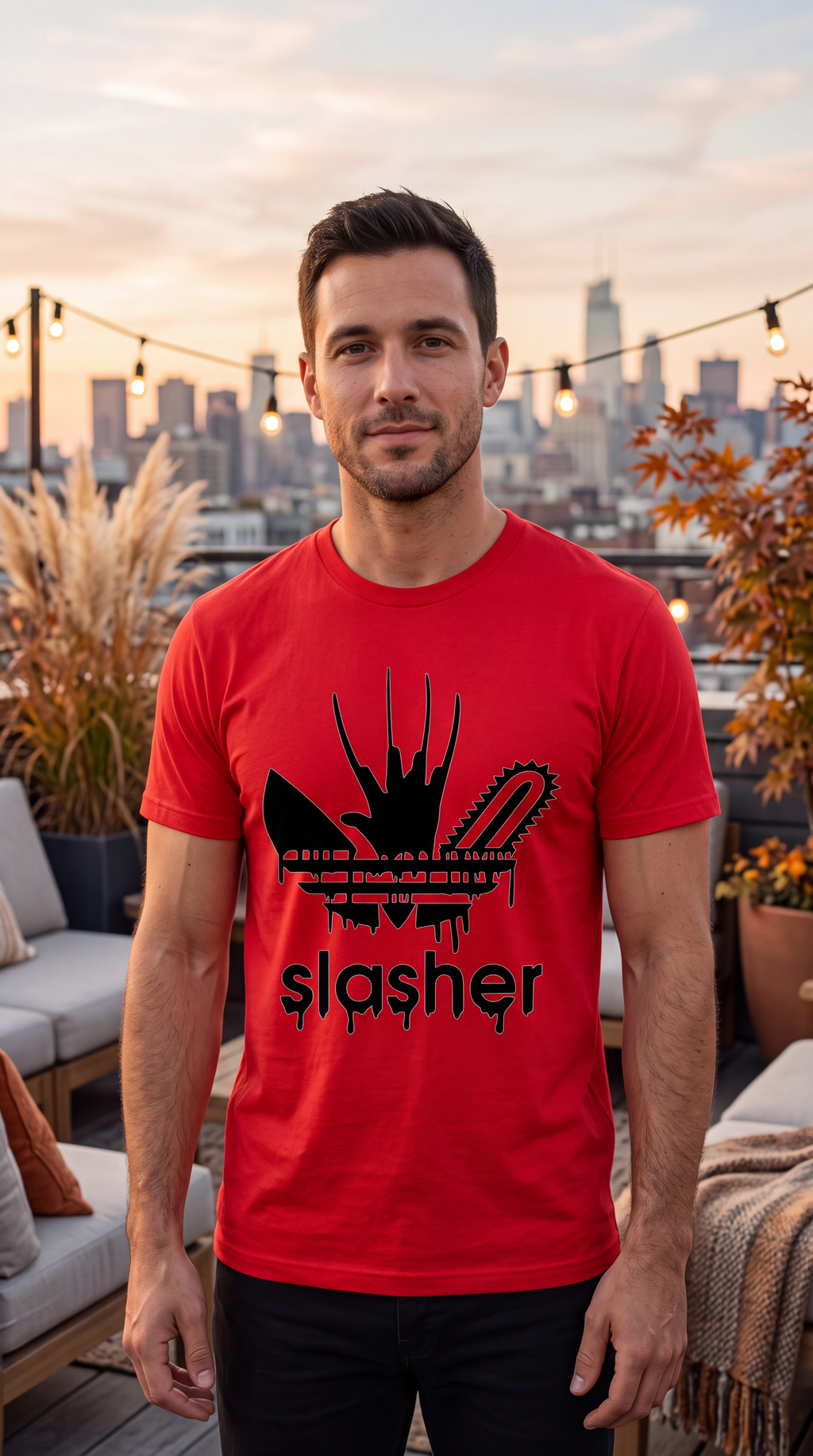 A man wearing a bright red graphic t-shirt with a black chainsaw and 'slasher' text design, standing on a rooftop patio at sunset.