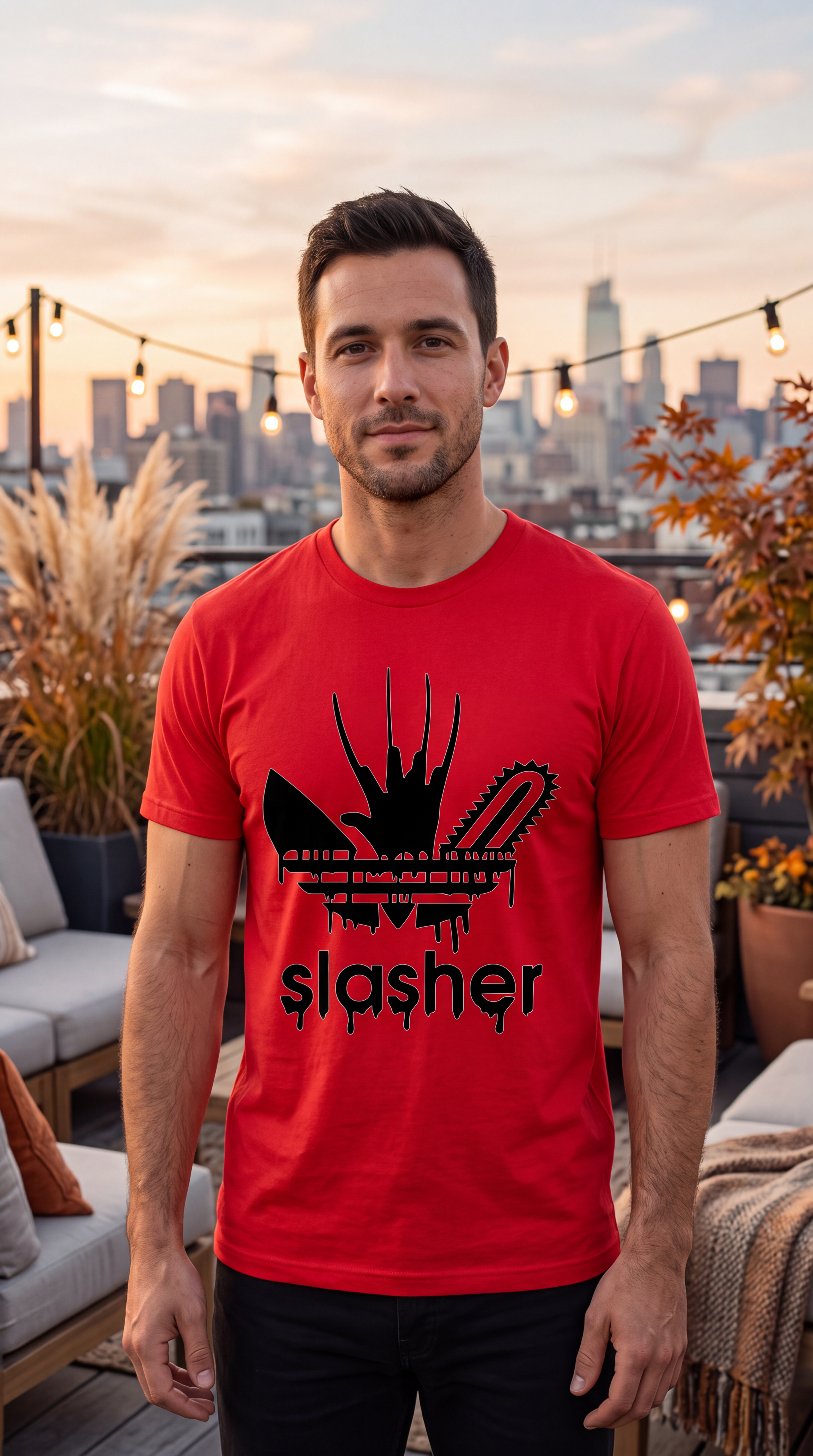 A man wearing a bright red graphic t-shirt with a black chainsaw and 'slasher' text design, standing on a rooftop patio at sunset.
