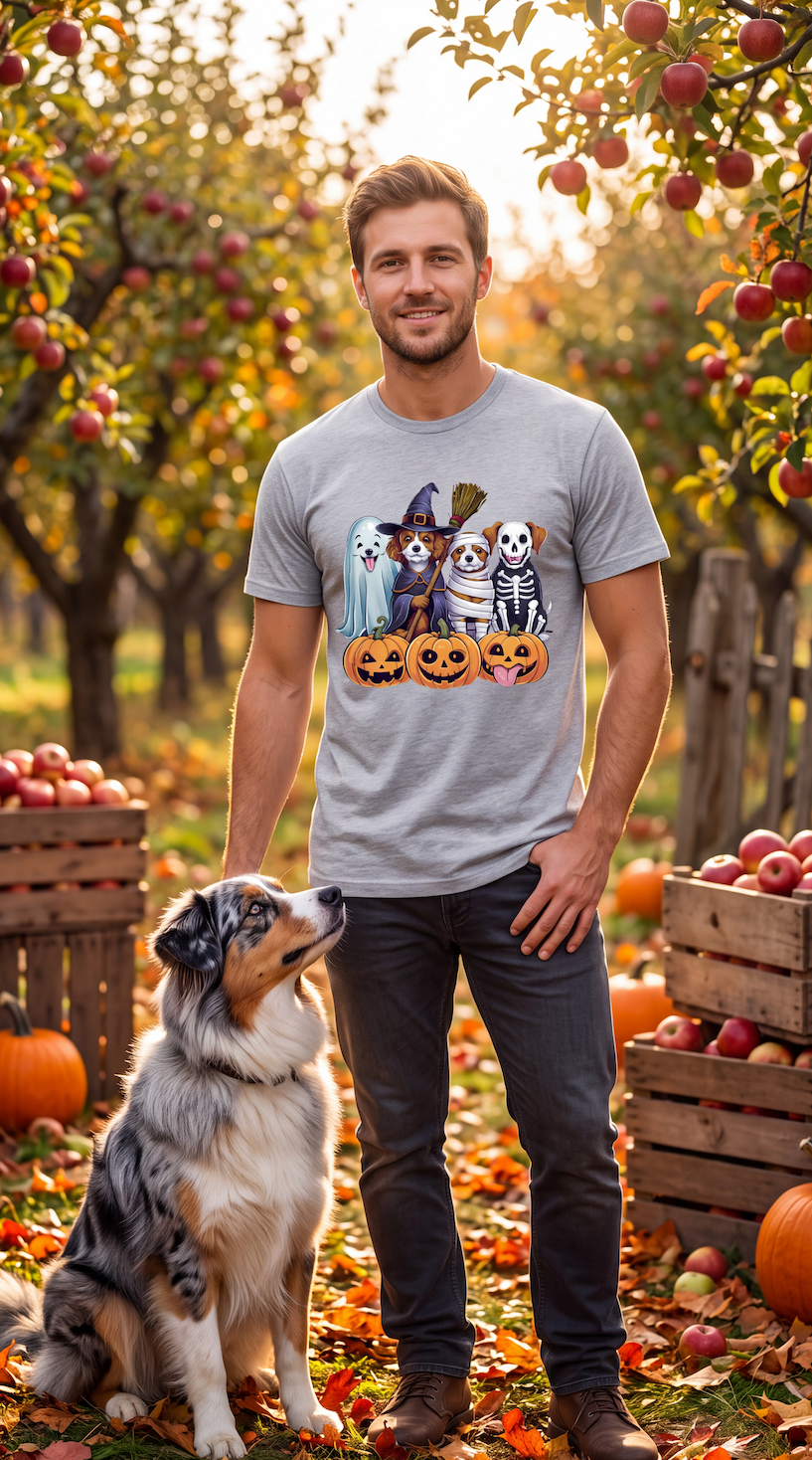 A man wearing a heather gray t-shirt featuring a colorful graphic of four dogs dressed in Halloween costumes (ghost, witch, mummy, skeleton) sitting behind three jack-o'-lantern pumpkins.