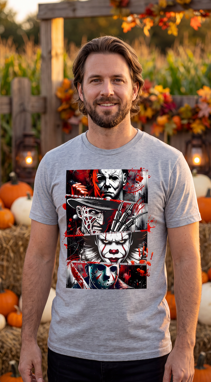 A man wearing a heather grey short-sleeve T-shirt featuring a large graphic print of four horror movie villains in a comic-panel style with red blood splatters. The characters shown are Freddy Krueger, Leatherface, Pennywise, and Jason Voorhees.