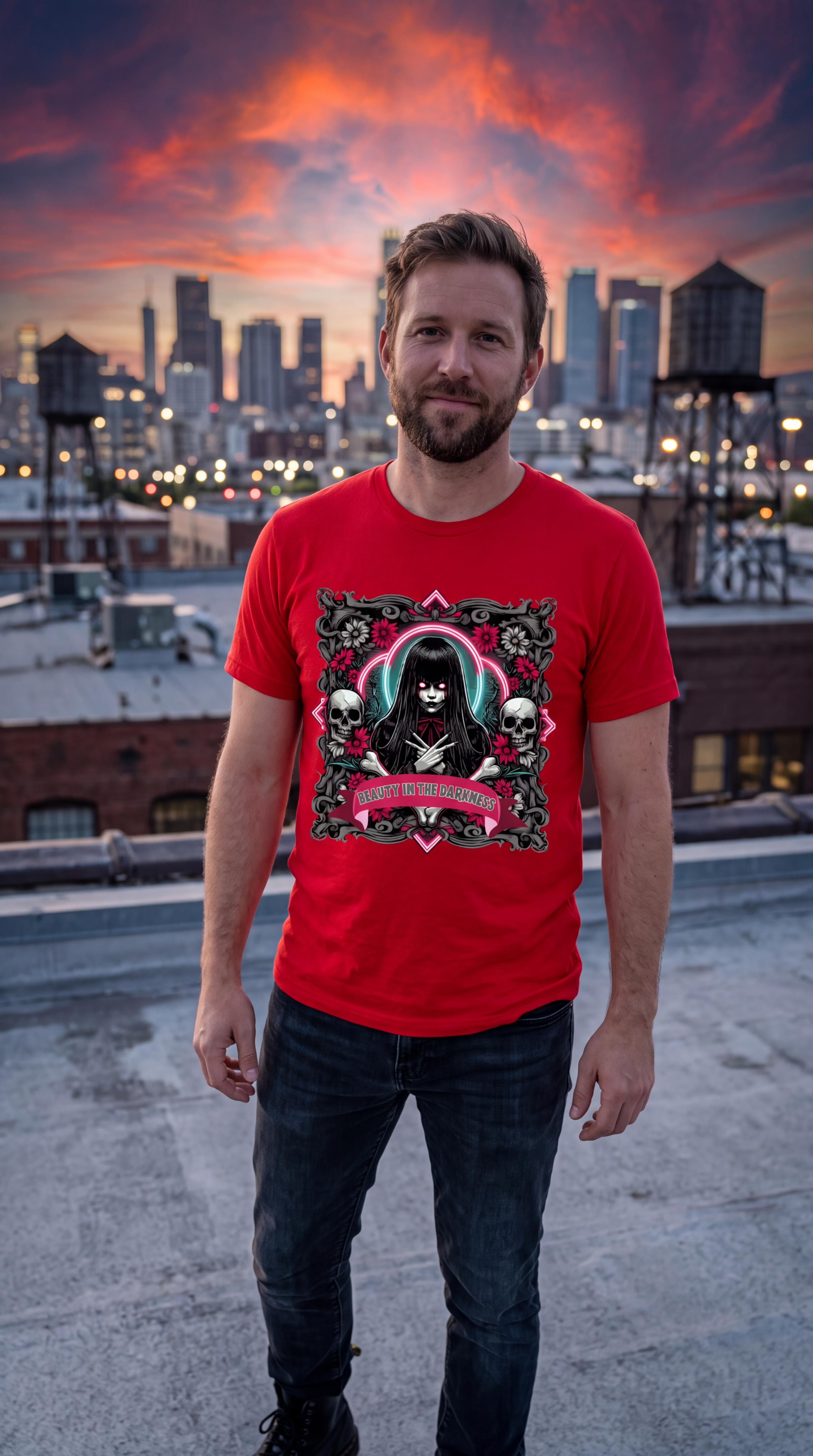 A man wearing a red graphic t-shirt with a gothic grim reaper design, standing on a rooftop with a city skyline and a dramatic orange sunset sky in the background.