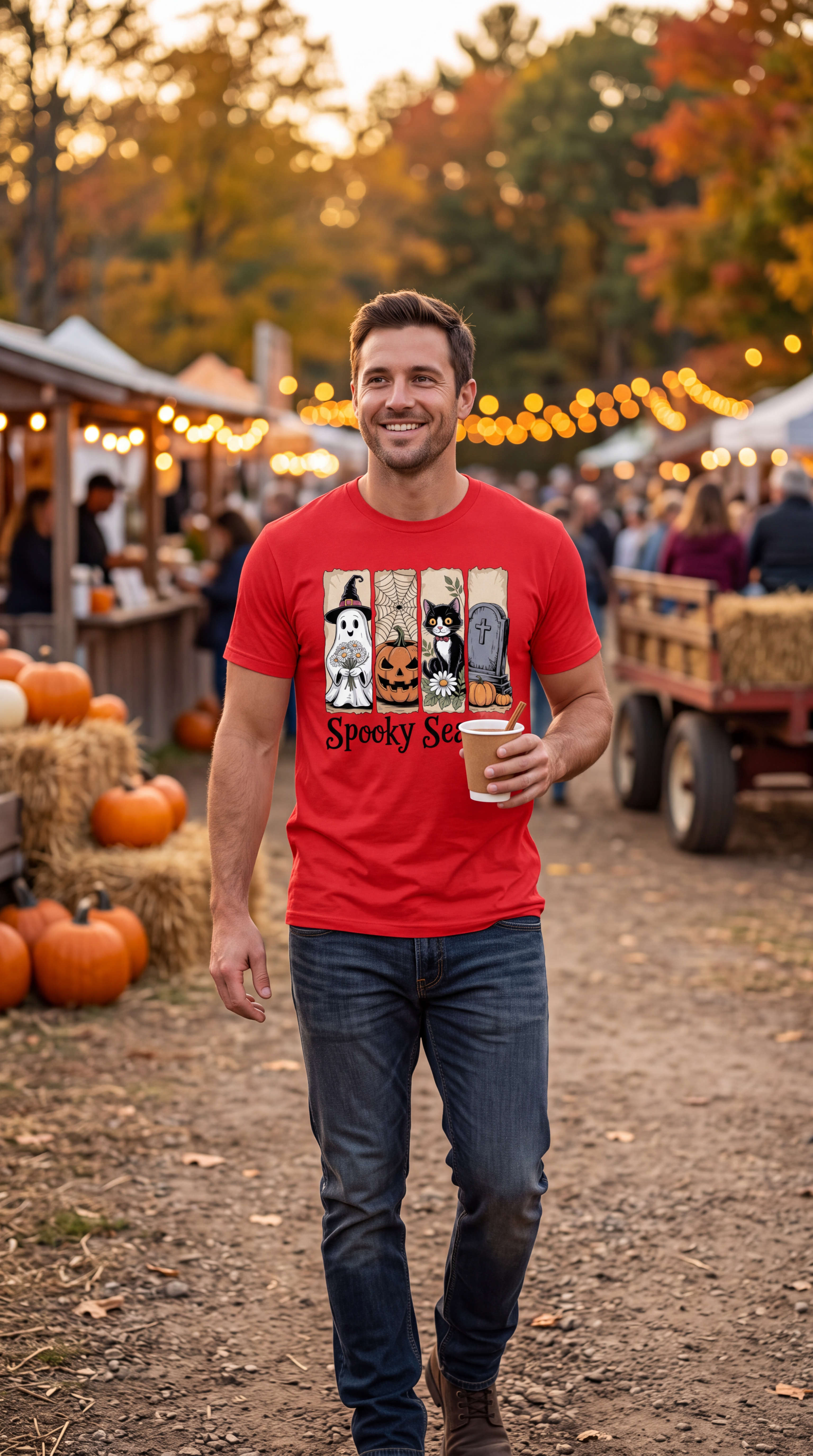 A man wearing a red short-sleeve crewneck t-shirt featuring a 'Spooky Season' graphic print on the front. The graphic displays four vertical panels with Halloween illustrations: a ghost in a witch hat holding flowers, a carved jack-o'-lantern, a black-and-white cat with a daisy, and a gray tombstone with pumpkins.
