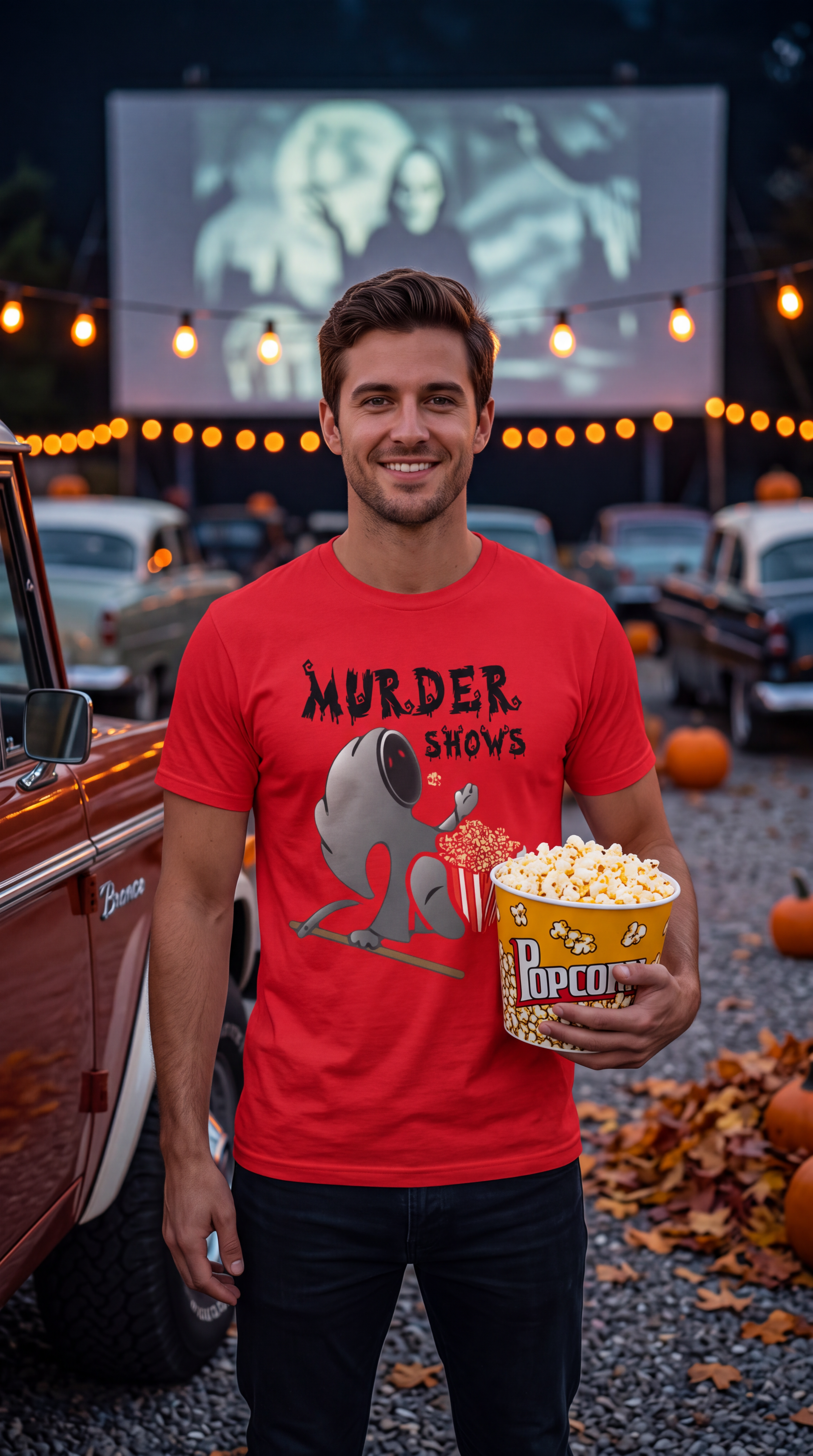 A man wearing a red short-sleeve crewneck t-shirt featuring a graphic of a gray horror character holding a popcorn bucket next to the dripping black text 'MURDER SHOWS'.