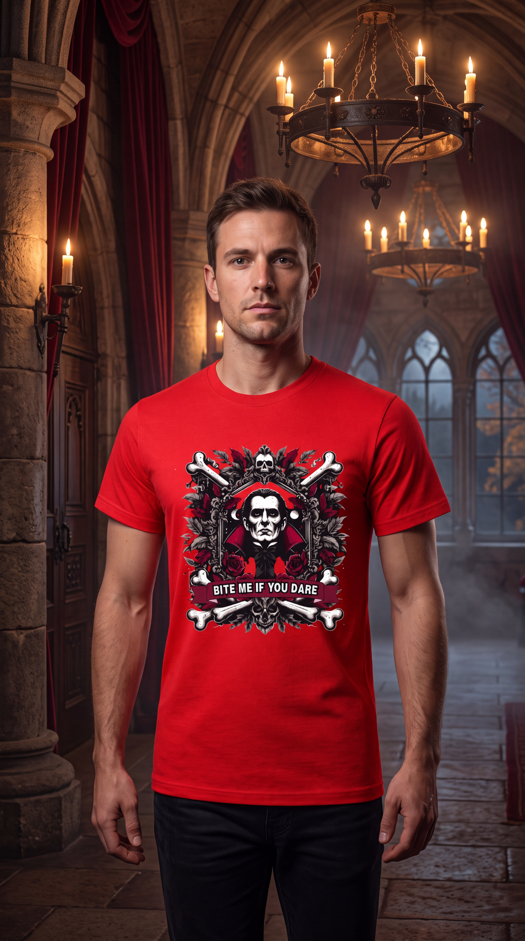 A man wearing a red short-sleeve crewneck t-shirt featuring a graphic print of a vampire portrait with skull and crossbones, roses, and the text 'BITE ME IF YOU DARE' on the front.