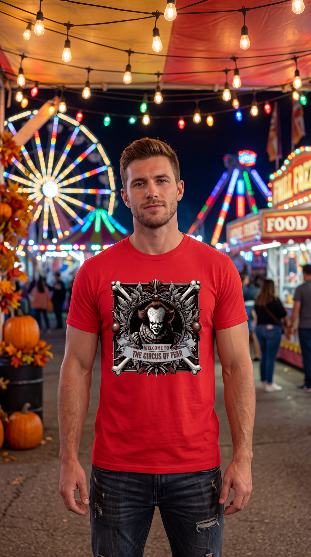 A man wearing a red short-sleeve crewneck t-shirt featuring a large graphic print of Pennywise the Clown from 'The Nightmare Before Christmas' with bones and the text 'WELCOME TO THE CIRCUS OF FEAR'.