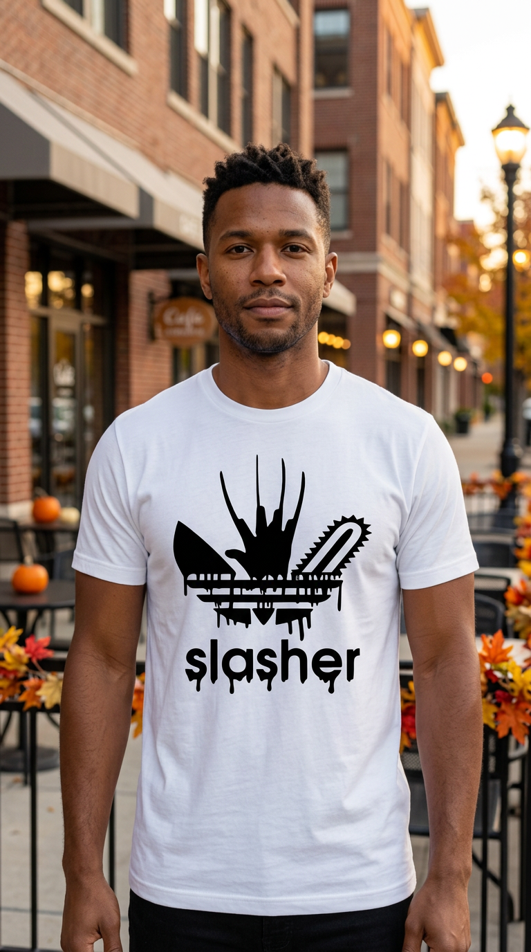 A man wearing a white crewneck t-shirt with a black graphic of a chainsaw slicing a slasher character, standing in front of a blurred street background.