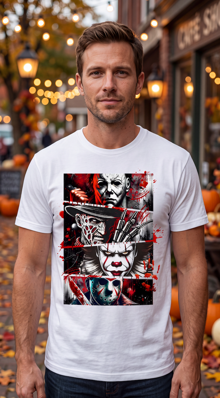 A man wearing a white graphic t-shirt featuring horror movie characters like Michael Myers, Freddy Krueger, and Pennywise in a red-and-black collage design, set against a blurred autumn street background.