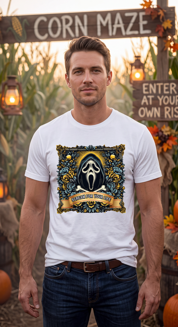 A man wearing a white graphic t-shirt with a Ghostface-themed Halloween design, standing in a corn maze themed environment with corn stalks and autumn decorations.