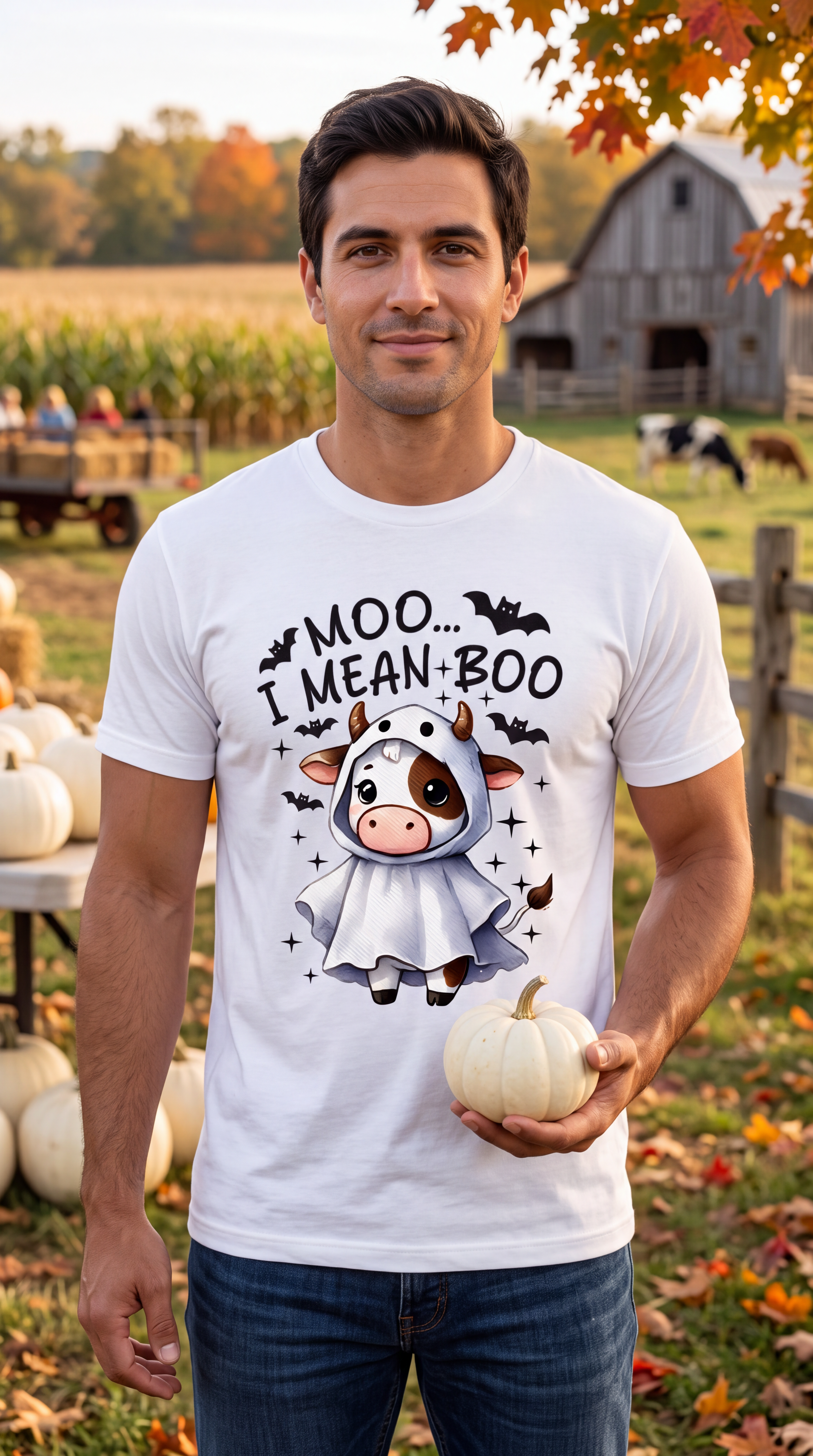 A man wearing a white graphic t-shirt with a cartoon cow in a ghost costume and the text 'MOO.