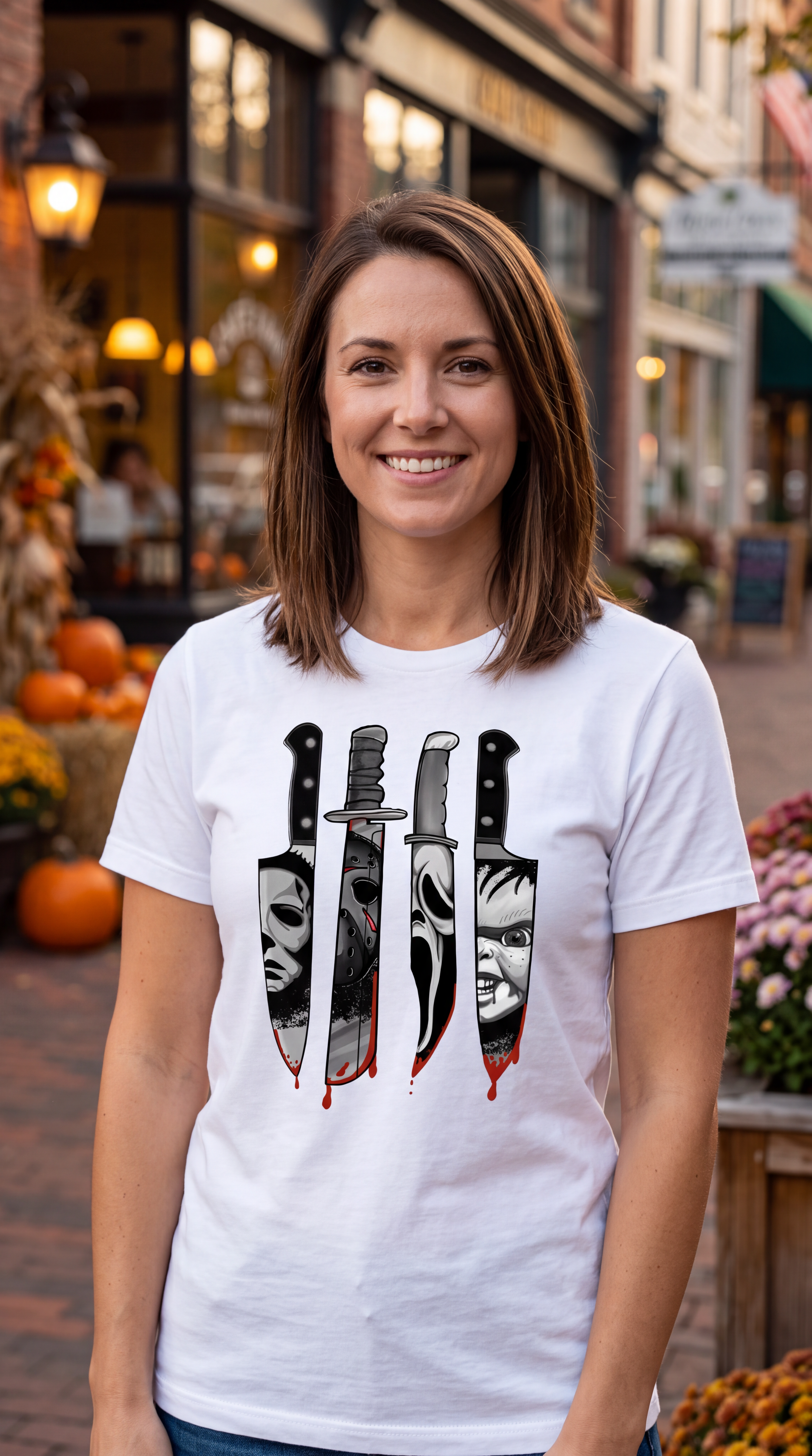 A woman wearing a white short-sleeve crewneck t-shirt featuring a graphic print of four horror movie knives dripping with red blood, each filled with a stylized black and white face (Michael Myers, Jason Voorhees, Freddy Krueger, and Pennywise).
