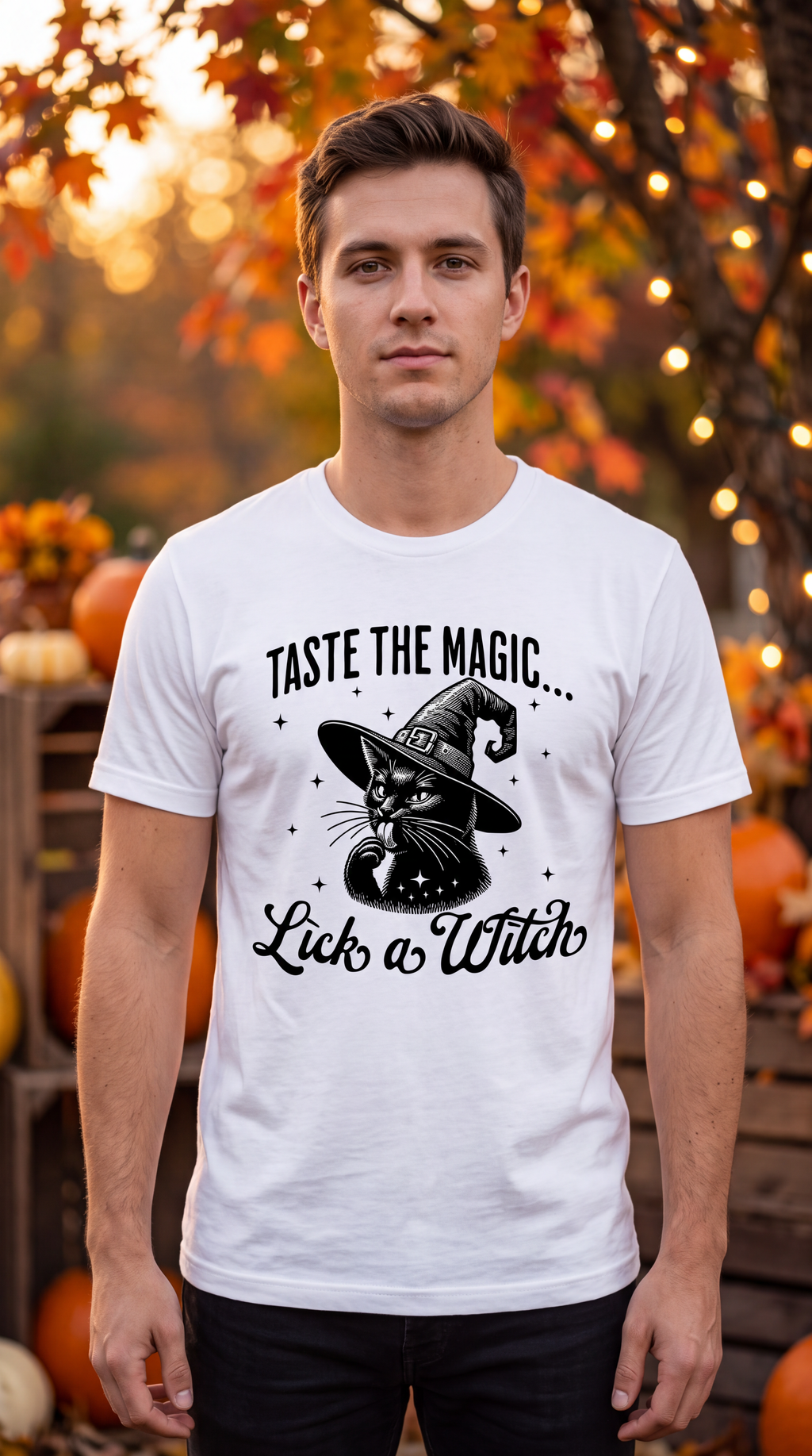 A man wearing a white short-sleeve crewneck t-shirt with a black graphic print of a cat in a witch hat and the text 'TASTE THE MAGIC.