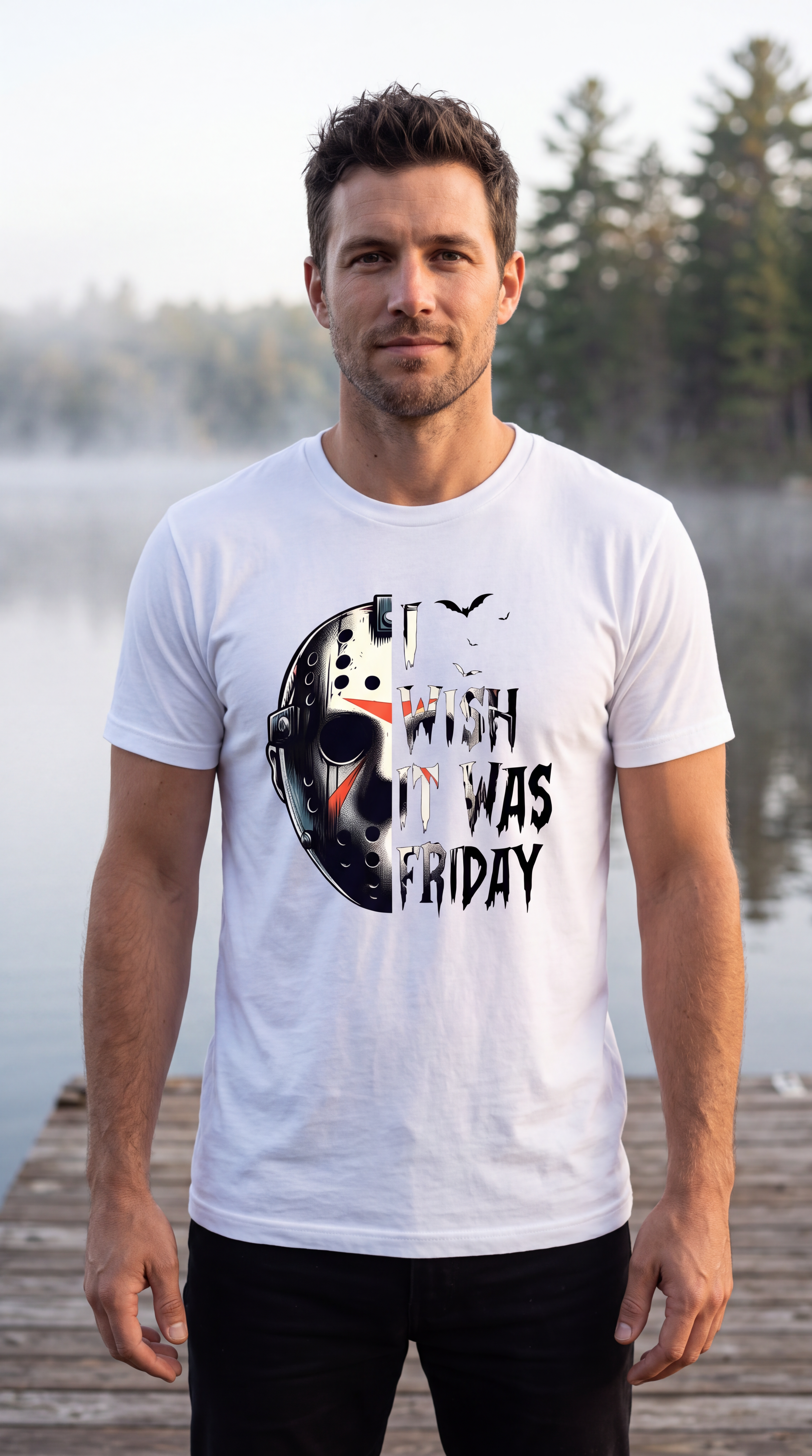 A man wearing a white t-shirt with a graphic of a hockey mask and the text 'I WISH IT WAS FRIDAY' in a horror movie style, standing outdoors in front of a lake.