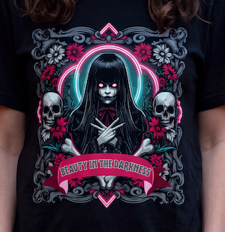 A person wearing a black graphic t-shirt featuring a gothic horror design with a dark-haired woman, skulls, flowers, and the text 'BEAUTY IN THE DARKNESS'.