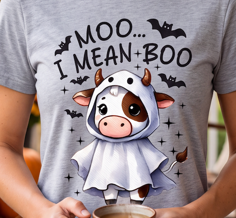 A person wearing a heather gray t-shirt with a cartoon graphic of a cute brown and white cow in a white hooded cape, surrounded by black bats and the text 'MOO.