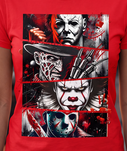 A red close up short-sleeve crewneck t-shirt featuring a large graphic print of horror movie villains Michael Myers, Freddy Krueger, Leatherface, and Jason Voorhees in a black, white, and red color scheme.