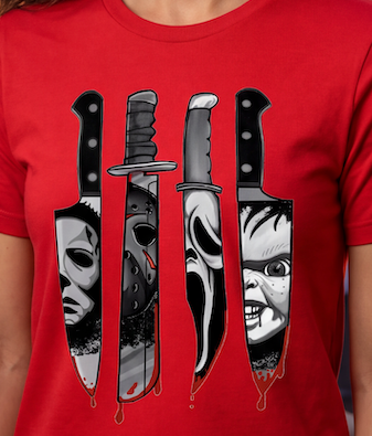 A red crewneck t-shirt featuring a graphic print of four horror movie knives with faces inside them and red blood dripping at the blades.