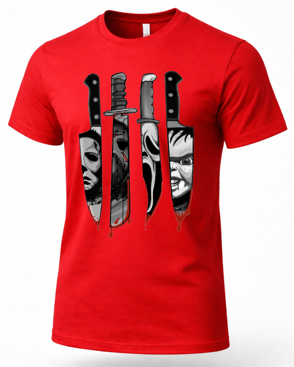 A red crewneck t-shirt featuring a graphic print of four horror movie knives with faces inside them and red blood dripping at the blades.
