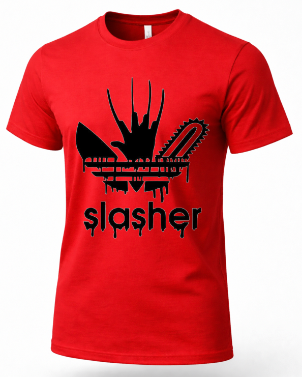 A red short-sleeve crewneck t-shirt featuring a black graphic of a chainsaw and the word 'slasher' in a dripping font, styled like the Adidas trefoil logo.