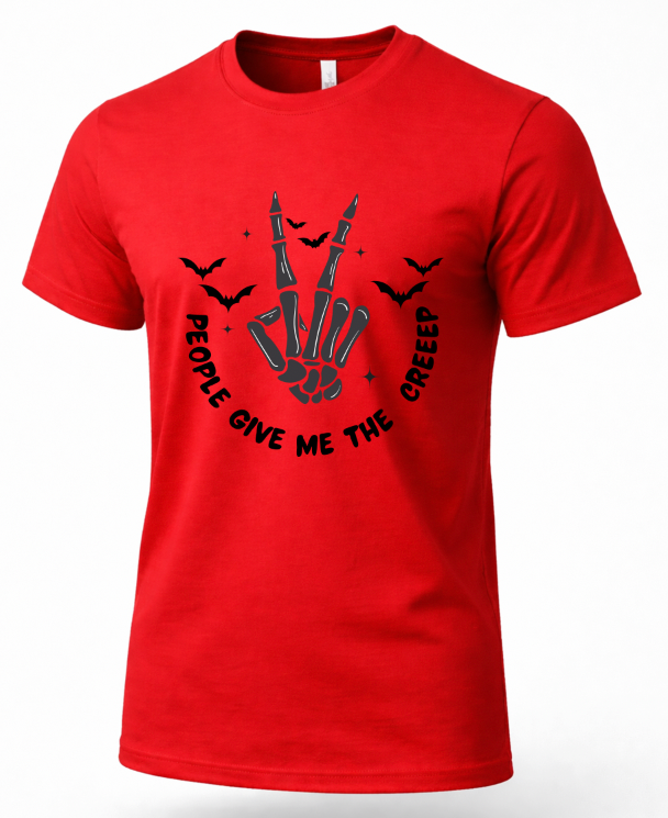 A red short-sleeve crewneck t-shirt featuring a black graphic of a skeletal hand making the peace sign, surrounded by bats and the text 'PEOPLE GIVE ME THE CREEP'.