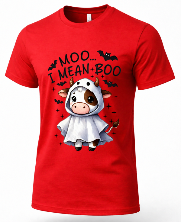 A red short-sleeve crewneck t-shirt featuring a cartoon graphic of a cow in a white hooded cape with the text 'MOO.