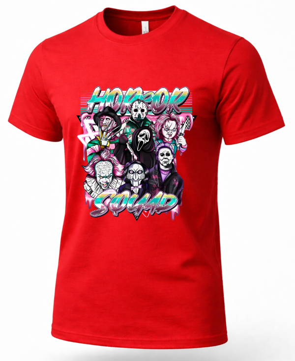 A red short-sleeve crewneck t-shirt featuring a colorful graphic print of horror movie characters and the text 'HORROR SQUAD' in stylized lettering.