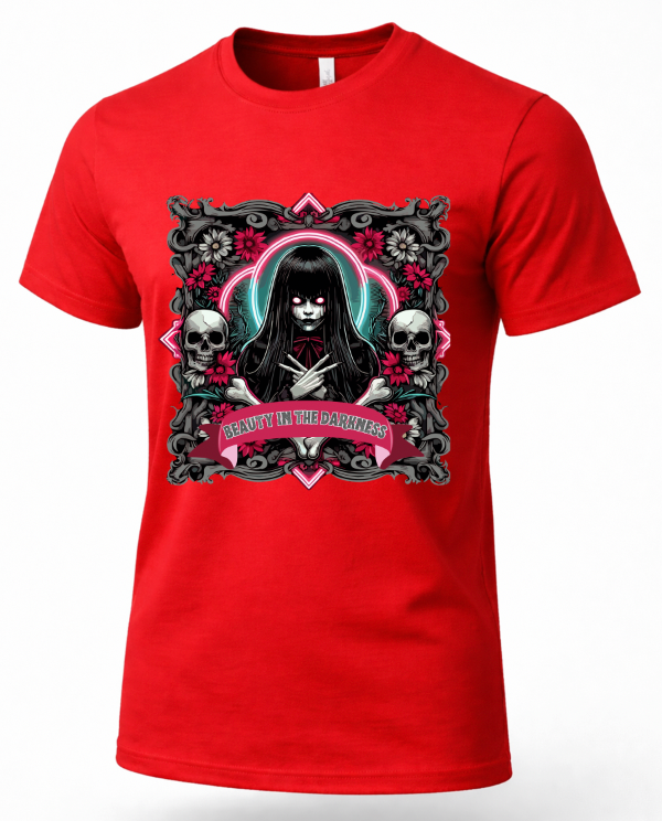 A red short-sleeve crewneck t-shirt featuring a gothic-style graphic print of a girl with long black hair, skulls, and a banner that reads 'DEADLY IN THE DARKNESS'.