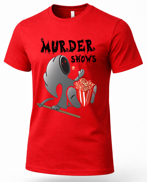 A red short-sleeve crewneck t-shirt featuring a graphic of a gray horror character holding a popcorn bucket next to the dripping black text 'MURDER SHOWS'.