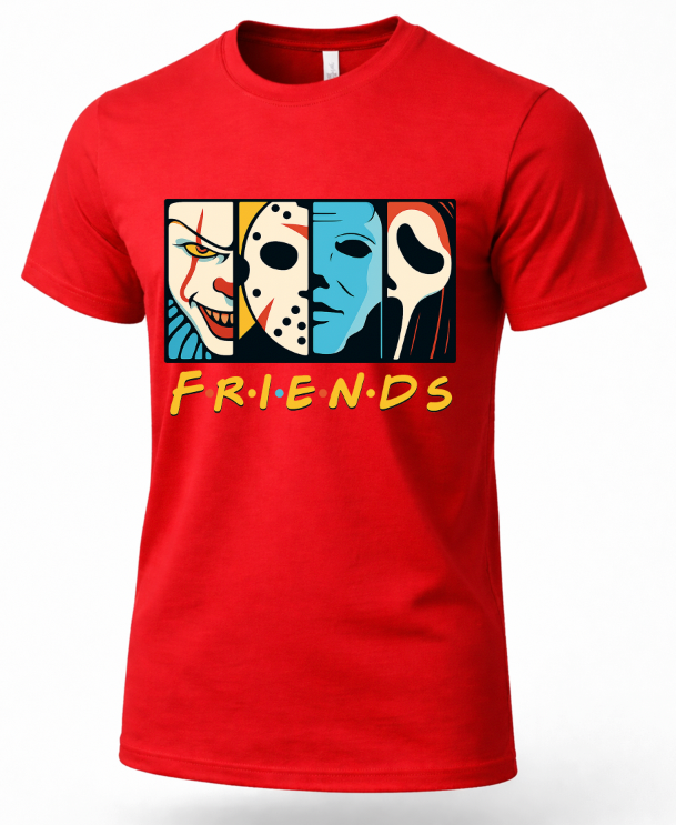 A red short-sleeve crewneck t-shirt featuring a graphic print of horror movie villains styled like the Friends logo, with the word 'FRIENDS' in yellow text below four character portraits.