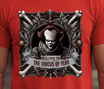 A red short-sleeve crewneck t-shirt featuring a large graphic print of Pennywise the Clown from IT, framed by bones and a banner that reads 'WELCOME TO THE CIRCUS OF FEAR'.