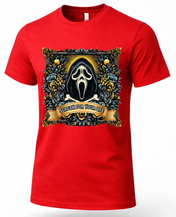 A red short-sleeve crewneck t-shirt featuring a large graphic print of the Ghostface character from Scream, framed by blue roses and gold accents with a banner reading 'SCREAM FOR YOUR LIFE'.
