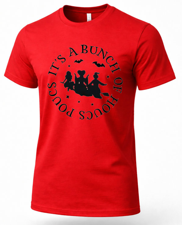 A red short-sleeve crewneck t-shirt with a black circular graphic on the chest featuring witch silhouettes, bats, and the text 'IT'S A BUNCH OF HOURS POURS'.