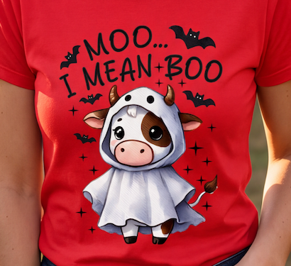 A red short-sleeve t-shirt featuring a cartoon graphic of a cute brown-and-white cow in a white ghost costume with the text 'MOO.