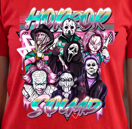 A red short-sleeve t-shirt featuring a colorful graphic print of seven horror movie villains, with the words 'HORROR SQUAD' in a stylized gradient font.