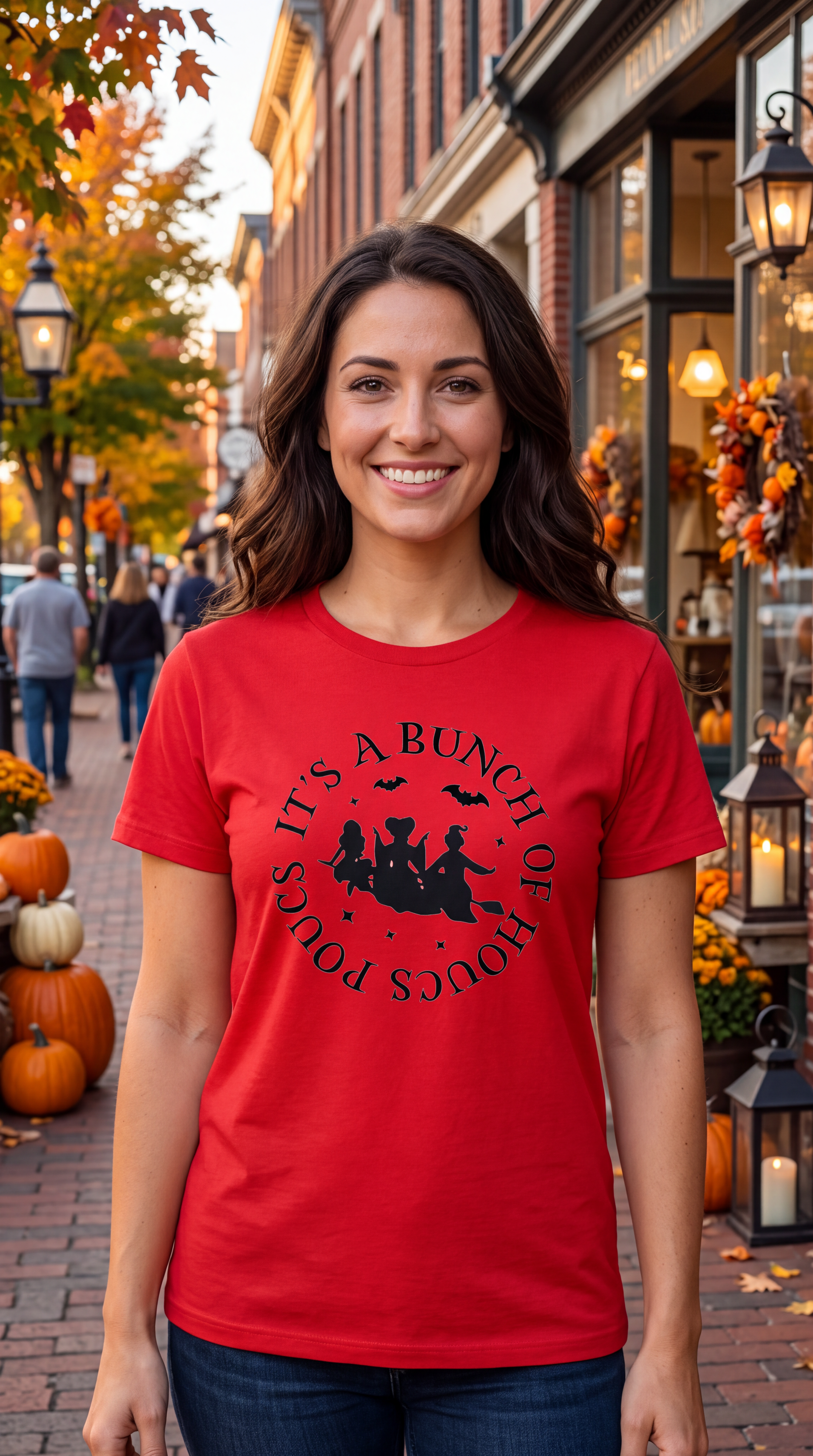 A smiling woman stands on a brick street in front of autumn storefronts, wearing a bright red short-sleeve T-shirt with a black circular graphic and text reading 'IT'S A BUNCH OF PLOUS' around a witch riding a broomstick with pumpkins and bats.