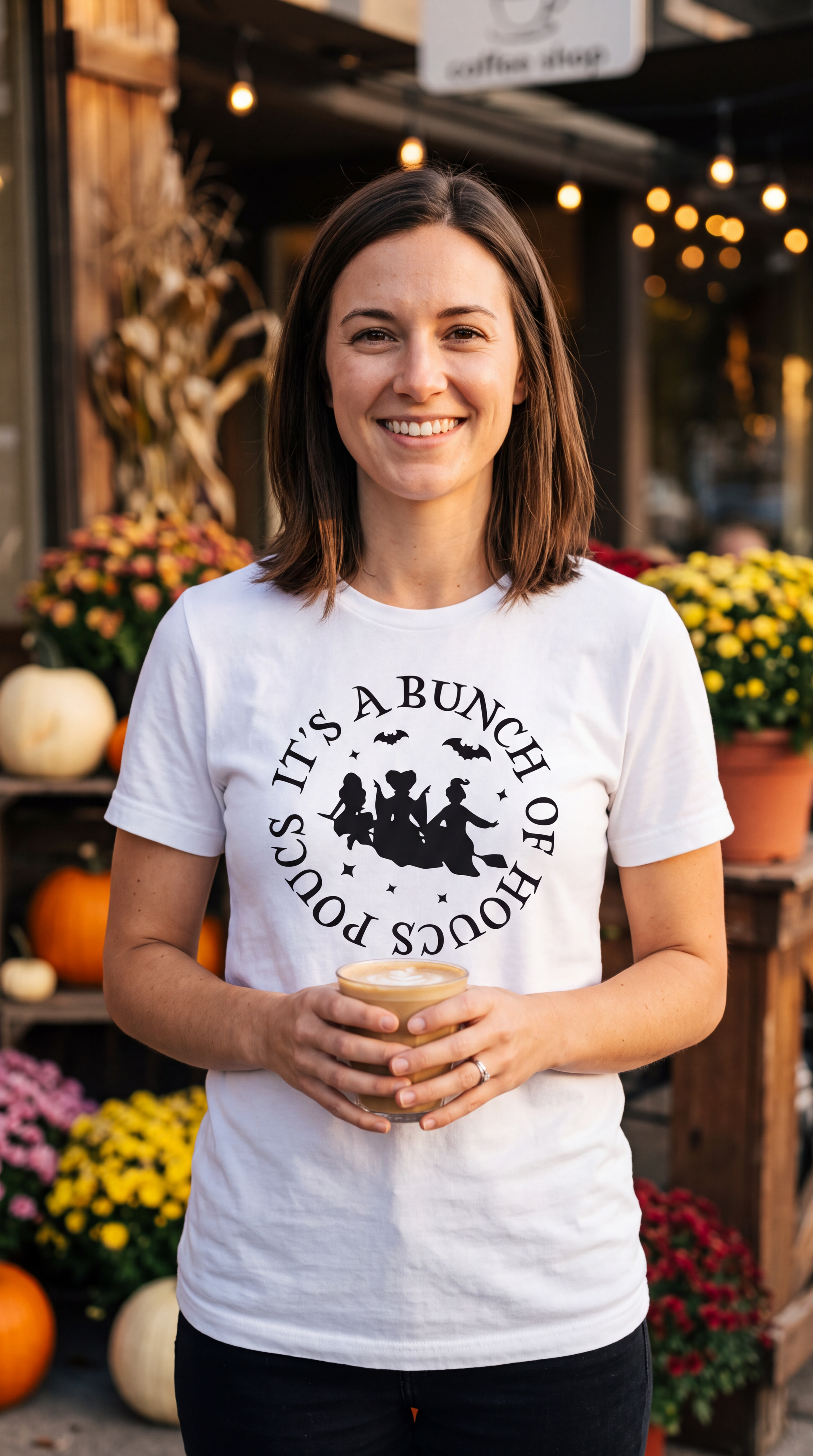 A smiling woman stands on a brick street in front of autumn storefronts, wearing a white short-sleeve T-shirt with a black circular graphic and text reading 'IT'S A BUNCH OF PLOUS' around a witch riding a broomstick with pumpkins and bats.