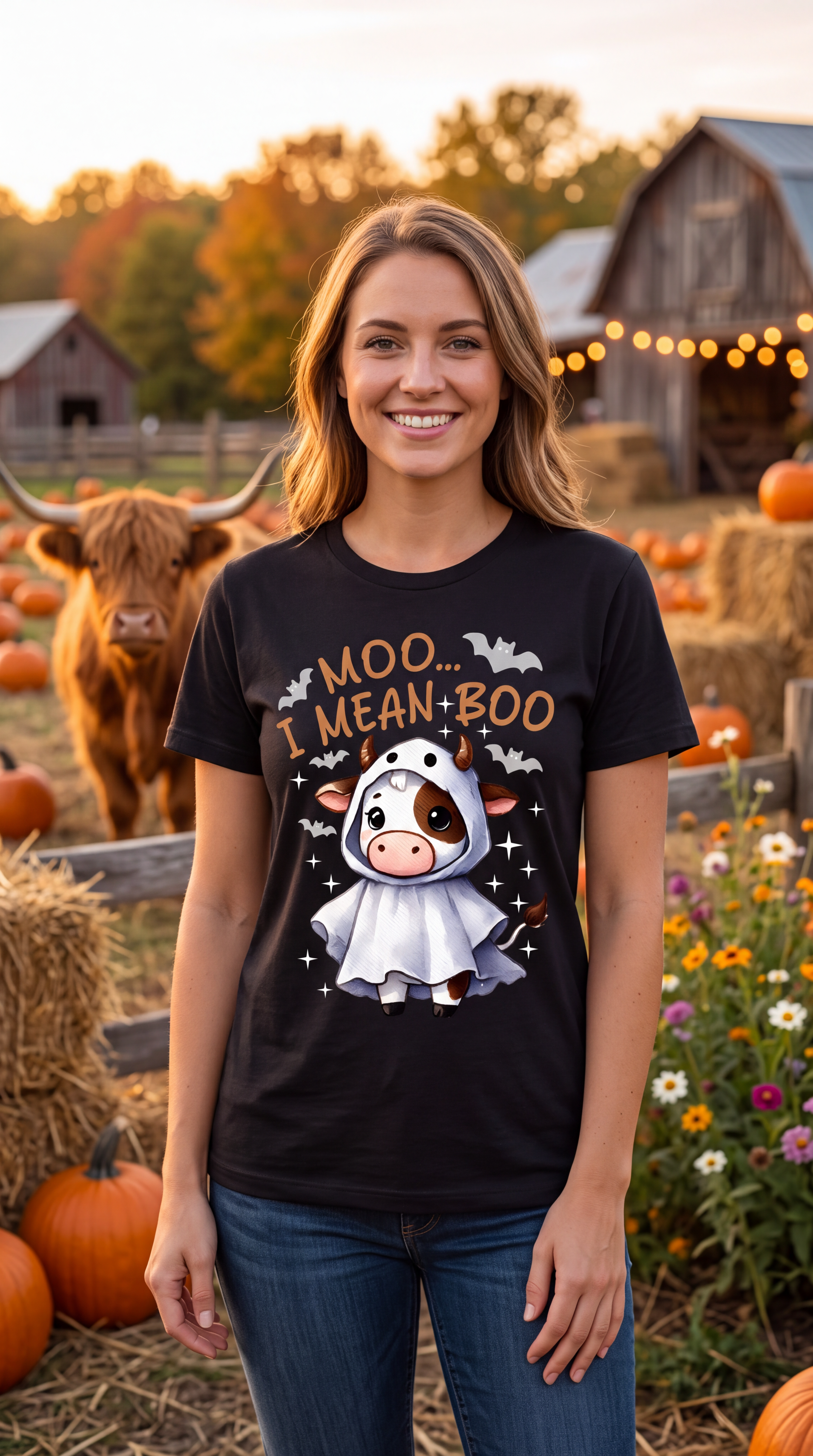 A smiling woman stands outdoors on a farm wearing a black graphic T-shirt that reads 'MOO.