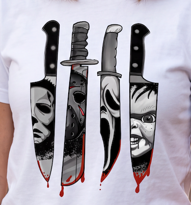 A white crewneck t-shirt featuring a graphic print of four horror movie knives with faces inside them and red blood dripping at the blades, worn by a model.