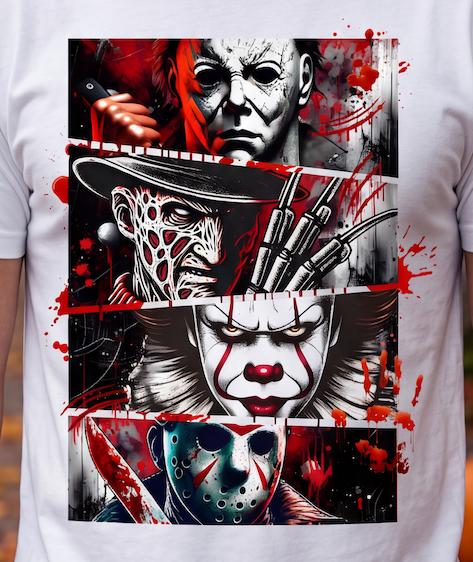 A white short-sleeve T-shirt featuring a large graphic print of four horror movie villains in a comic-panel style with red blood splatters. The characters shown are Freddy Krueger, Leatherface, Pennywise, and Jason Voorhees.