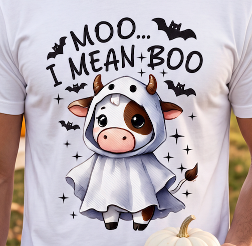 A white short-sleeve T-shirt with a cartoon cow in a ghost costume and the text 'MOO.